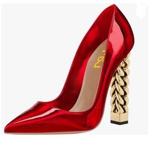 FSJ Red Gold Metal Chain Chunky High Heel Pointed Toe Slip On Party Prom Shoes